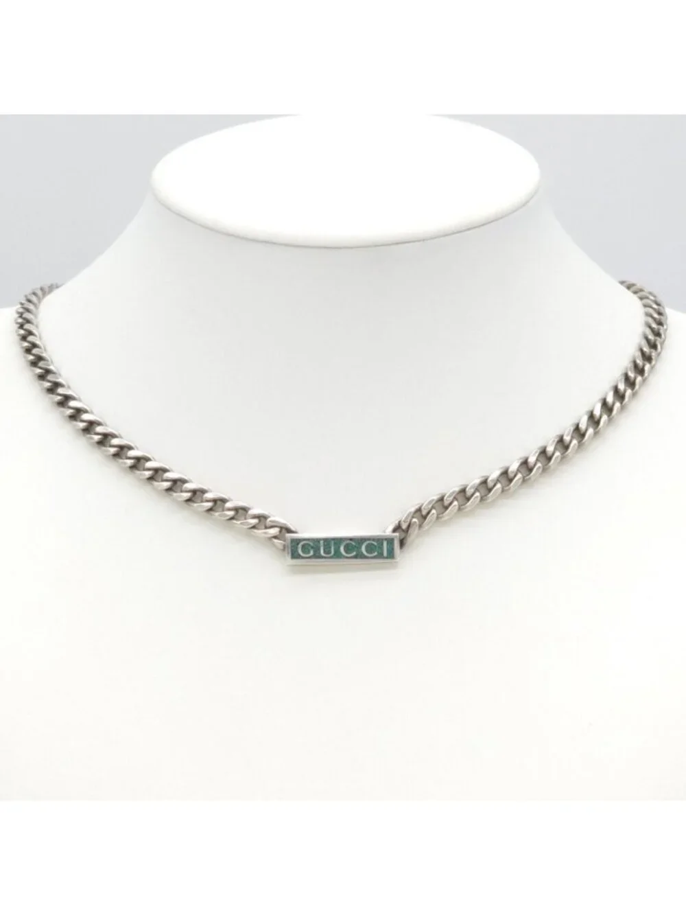 Gucci Logo Enamel Necklace 41.5 45.5 Turquoise Blue Sterling Silver